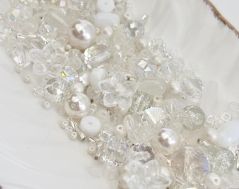 Pearl Snow Bead Mix – White & Crystal Glass Beads | Elegant Pearl Beads for Jewelry Making | 25g or 50g Storage Box |A022