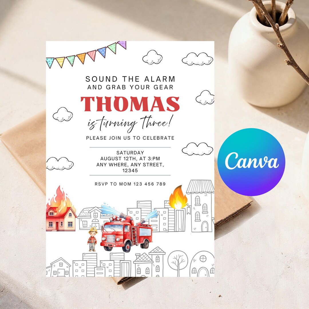 Fire Truck Birthday Invitation Template: Editable Fireman Party Invite ...