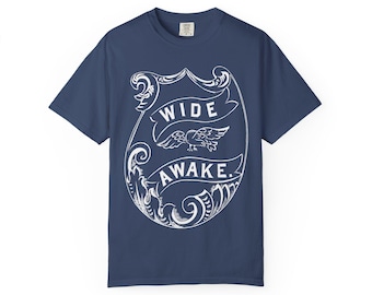 Camiseta unisex con pin grabado vintage "Wide Awake", camiseta del movimiento abolicionista, camiseta electoral de Abraham Lincoln, top con motivo de pájaro, luna y olas, ancho