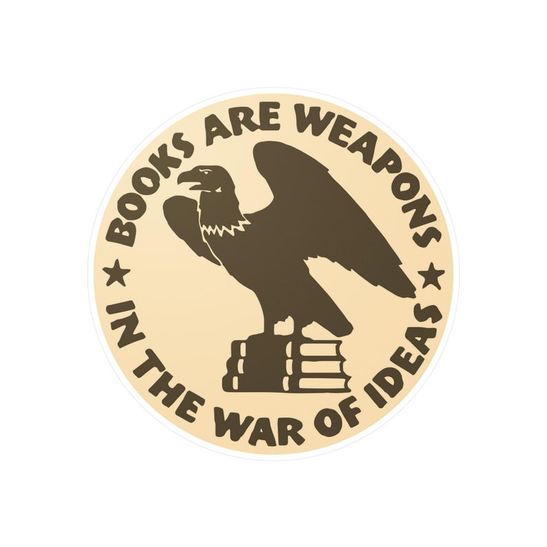 Book Lover Gift Decal, Books are Weapons Sticker for Laptop, Librarian Gift, FDR Quote, Library Art, Read Banned Books Brown on Ivory