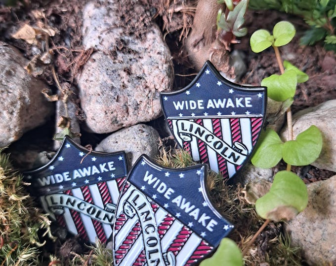 Featured listing image: Recreated in Living Color - Wide Awakes Historical 1860 Election Campaign Soft Enamel Pin | "Woke" and Proud | American Flag Shield
