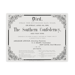 Pôster satírico vintage fosco de certidão de óbito - Rendição do exército de Lee em Appomattox, Abraham Lincoln, Ulysses S Grant, Jefferson Davis,