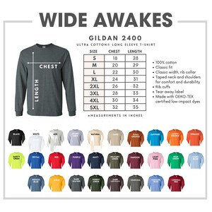 The image is a collage of various t-shirt designs, including different sizes and colors, along with a size chart and measurements for the width of the shirts.