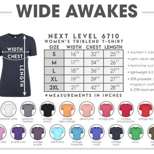 The image is a collage of various t-shirt designs in different colors and sizes, along with measurements and a label indicating the next level of women's t-shirt.