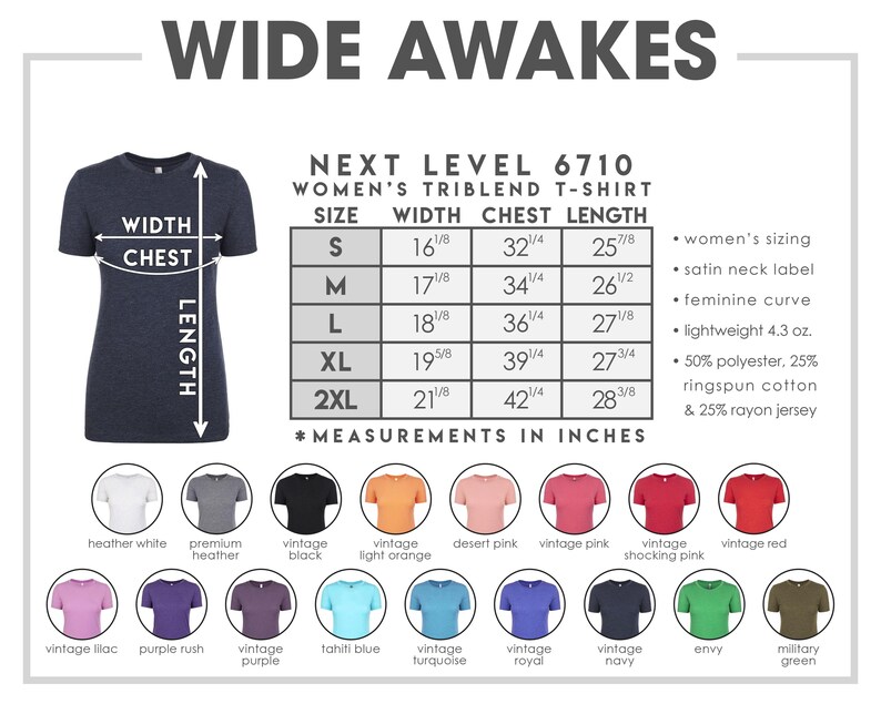 The image is a collage of various t-shirt designs in different colors and sizes, along with measurements and a label indicating the next level of women's t-shirt.