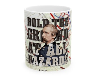 Civil War History Ceramic Mug, Joshua Chamberlain Gettysburg Portrait, Hold The Ground At All Hazards, Historical Battle Map Coffee Cup,