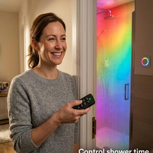 Peut inclure: Une télécommande rectangulaire noire dotée de six boutons et d'un petit voyant lumineux vert. Cette télécommande permet de contrôler un système de douche équipé d'un éclairage LED multicolore et d'un panneau de commande mural circulaire.