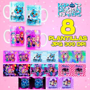 May include: White ceramic mugs with colorful cartoon designs. One design features a blue cat with the text "Demon Hunters," and another showcases a group of animated characters with the text "Huntrix."