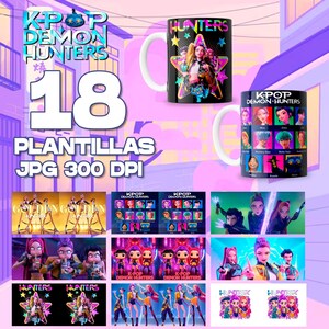 Może przedstawiać: Obraz promocyjny z gadżetami KPOP Demon Hunters. Obraz zawiera dwa czarne kubki z kolorowymi wzorami postaci i napisem "HUNTERS". Obecna jest również grafika i tekst "18 PLANTILLAS JPG 300 DPI".