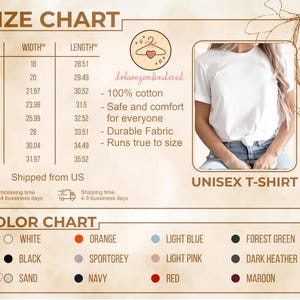 May include: A beige graphic with a size chart, color chart, and a photo of a person wearing a white unisex t-shirt. The size chart lists sizes S to 5XL with width and length measurements in inches. The color chart shows available colors.