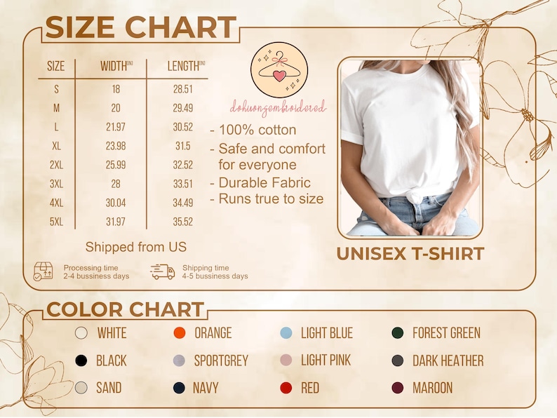 May include: A beige graphic with a size chart, color chart, and a photo of a person wearing a white unisex t-shirt. The size chart lists sizes S to 5XL with width and length measurements in inches. The color chart shows available colors.