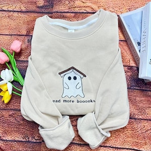 Embroidered Ghost Book Sweatshirt, Read More Booooks Sweatshirt, Fall Crewneck, Book Lover sweatshirt, Spooky Season Pullover, Ghost reading
