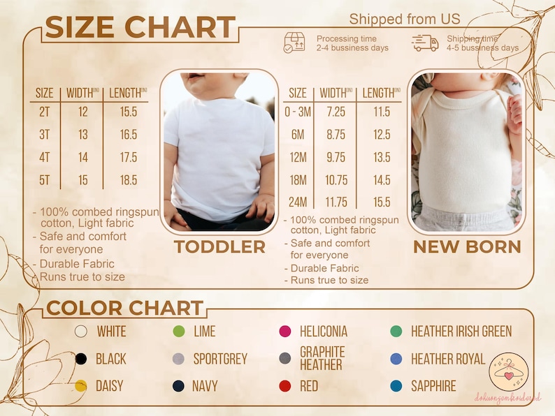 Puede incluir: Tabla de tallas para ropa de beb&eacute; y reci&eacute;n nacido, con medidas en pulgadas. Incluye talla, ancho y largo para varias tallas. Las opciones de color incluyen blanco, negro, margarita, lima, gris deportivo, azul marino, heliconia, gris grafito, rojo, etc.