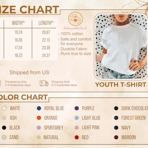 May include: A white youth t-shirt is displayed, with a size chart showing width and length in inches. The color chart includes options like white, black, and red. The shirt is made of 100% cotton and is safe and comfortable for everyone.