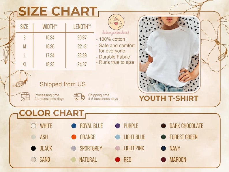 May include: A white youth t-shirt is displayed, with a size chart showing width and length in inches. The color chart includes options like white, black, and red. The shirt is made of 100% cotton and is safe and comfortable for everyone.