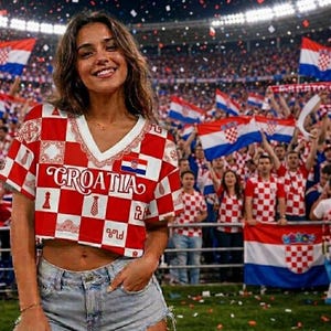 May include: A red and white checkered V-neck crop top featuring the word CROATIA in white lettering across the chest, a small Croatian flag emblem, and various decorative icons including ties and chess pieces, paired with light blue denim shorts.