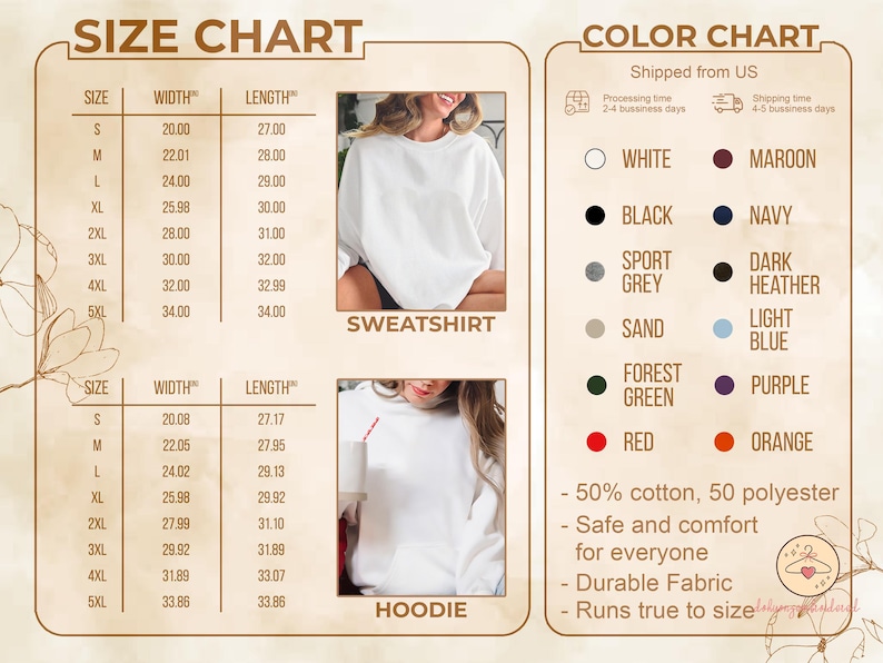May include: Size and color charts for sweatshirts and hoodies. The size chart shows measurements in inches for width and length, ranging from S to 5XL. The color chart displays available colors: white, black, sport grey, sand, forest green, red, maroon, navy, dark heather, light blue, purple, and orange.