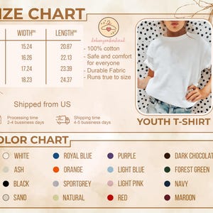 Puede incluir: Se muestra una camiseta blanca para j&oacute;venes, con una tabla de tallas que detalla el ancho y la longitud en cent&iacute;metros. La carta de colores incluye opciones como blanco, negro y rojo. La camiseta est&aacute; hecha de 100% algod&oacute;n y es segura y c&oacute;moda para todos.