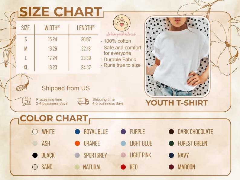 Puede incluir: Se muestra una camiseta blanca para j&oacute;venes, con una tabla de tallas que detalla el ancho y la longitud en cent&iacute;metros. La carta de colores incluye opciones como blanco, negro y rojo. La camiseta est&aacute; hecha de 100% algod&oacute;n y es segura y c&oacute;moda para todos.