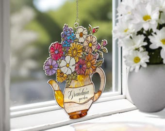 Personalized Grandma's Garden Acrylic Suncatcher, Birth Month Flower Acrylic Window Hanging, Christmas Gift, Grandma Gift, Mom Gift