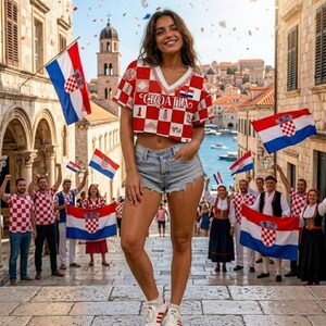 May include: A cropped V-neck t-shirt featuring a red and white checkered pattern and the word CROATIA printed across the chest, paired with light blue denim shorts and white sneakers, set against a backdrop of stone buildings and flags.