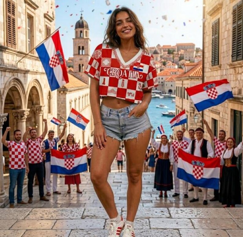 May include: A cropped V-neck t-shirt featuring a red and white checkered pattern and the word CROATIA printed across the chest, paired with light blue denim shorts and white sneakers, set against a backdrop of stone buildings and flags.