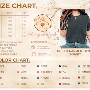 Puede incluir: Una tabla de tallas y una carta de colores para una camiseta unisex te&ntilde;ida en prenda. La tabla de tallas enumera las tallas S a 3XL con medidas de ancho y largo en pulgadas. La carta de colores muestra varios colores, incluyendo negro, blanco y rojo.