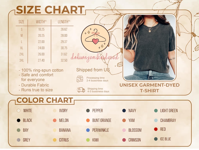 Puede incluir: Una tabla de tallas y una carta de colores para una camiseta unisex te&ntilde;ida en prenda. La tabla de tallas enumera las tallas S a 3XL con medidas de ancho y largo en pulgadas. La carta de colores muestra varios colores, incluyendo negro, blanco y rojo.