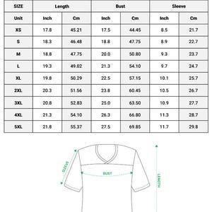 May include: A size chart for an all-over print crop top football jersey, featuring a table with length, bust, and sleeve measurements in inches and centimeters for sizes XS to 5XL, alongside a line drawing of a jersey with dimension indicators.