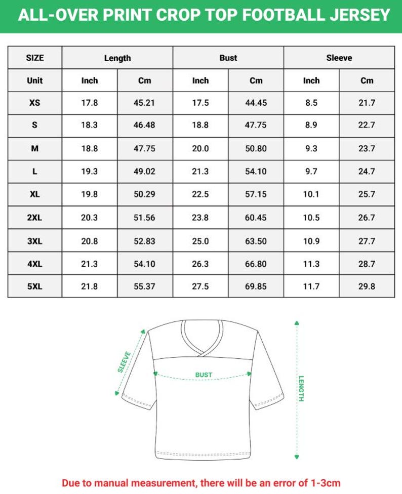 May include: A size chart for an all-over print crop top football jersey, featuring a table with length, bust, and sleeve measurements in inches and centimeters for sizes XS to 5XL, alongside a line drawing of a jersey with dimension indicators.