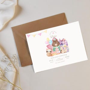 Erster Geburtstag Postkarte Digital - Süße Tiere Kinderparty Vorlage Anpassbar PDF