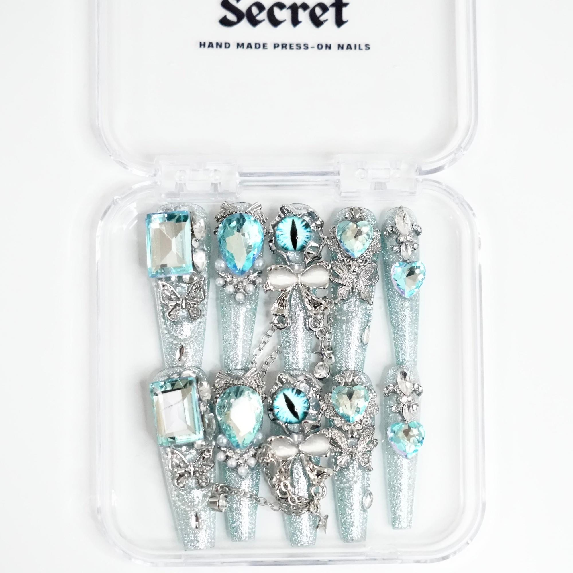 Blue Orbit Eyes - Long Coffin Chrome Press-On Nails with 3D Gems & Glitter | Handmade Reusable Y2K Nail Set