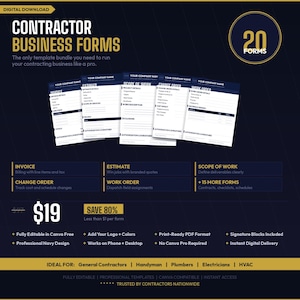 May include: Digital download of contractor business forms. The navy blue and white template bundle includes invoices, estimates, change orders, and work orders. Features include Canva compatibility and instant digital delivery.