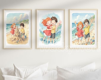 Set of 3 Ponyo Poster | Watercolor Wall Art Poster | Studio Ghibli inspired Prints | Anime Poster Gift Decor | A1 High Res JPEG
