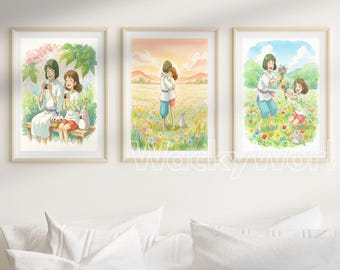 Conjunto de 3 pôsteres de A Viagem de Chihiro | Pôsteres de arte em aquarela para parede | Impressões inspiradas no Studio Ghibli | Decoração para presente com pôsteres de anime | JPEG de alta resolução A1