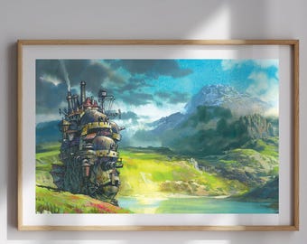 Impresión en acuarela de El castillo ambulante / Descarga digital inspirada en Ghibli / Póster de fantasía caprichosa