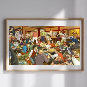 May include: A framed print of an anime-style illustration depicting a lively restaurant scene. Numerous characters are gathered around tables, enjoying food and drinks. The artwork features a warm color palette with detailed character designs.