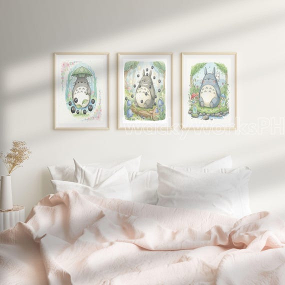 Set of 3 Totoro Inspired Watercolor Wall Art Poster | Studio Ghibli inspired Prints | Anime Poster Gift Decor | A1 High Res JPEG