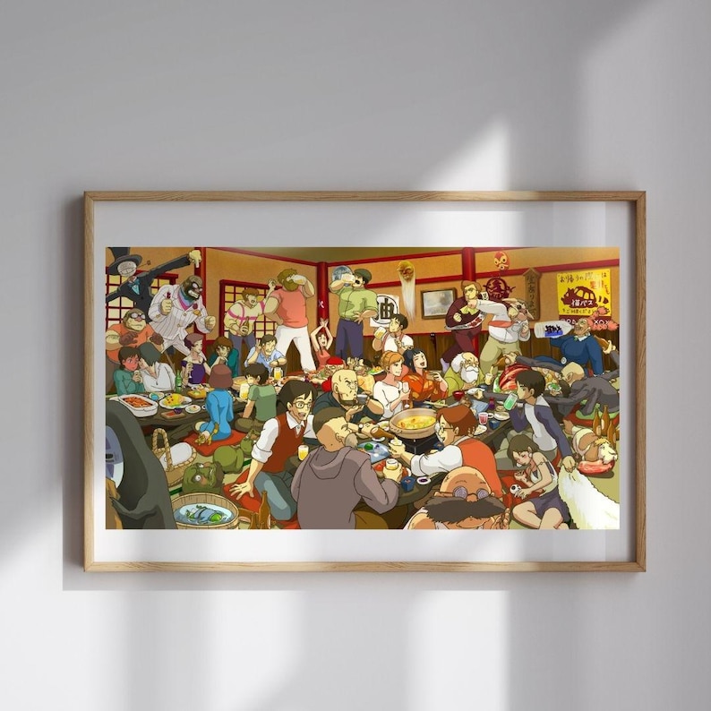 May include: A framed print of an anime-style illustration depicting a lively restaurant scene. Numerous characters are gathered around tables, enjoying food and drinks. The artwork features a warm color palette with detailed character designs.