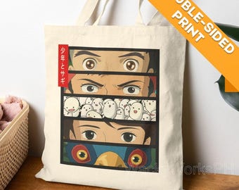 The Boy and the Heron Tote Bag | Ghibli Inspired Cotton Canvas Eco Friendly Reusable Bag | Anime Gift Back to Back Print