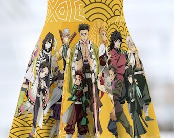 Saia inspirada em Demon Slayer - Saia de skatista de anime - Traje de cosplay - Roupa inspirada em Hashira - AOP de cintura alta kawaii - Feito à mão nos EUA