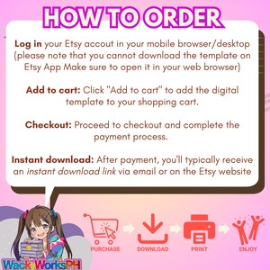 May include: A pink and brown graphic with the text "HOW TO ORDER" at the top. Instructions include logging in, adding to cart, checking out, and instant download. Icons show the steps: purchase, download, print, and enjoy.