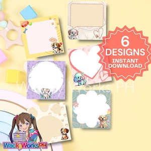 Puede incluir: Seis diseños diferentes de tarjetas de notas imprimibles con adorables cachorros de dibujos animados. Cada tarjeta tiene un color de fondo y un diseño únicos, con espacio para escribir. Las tarjetas están etiquetadas como "6 Designs Instant Download". La imagen también incluye el texto "WackyWorksPH".