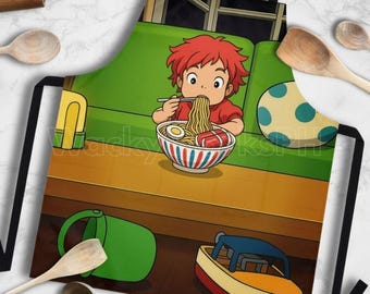 Delantal de anime - Ponyo comiendo ramen. Regalo de cocina inspirado en Ghibli.