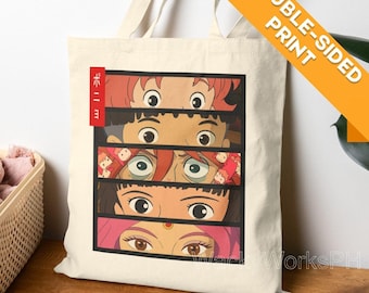 Ponyo Tote Bag | Ghibli Inspired Cotton Canvas Eco Friendly Reusable Bag | Anime Gift Back to Back Print