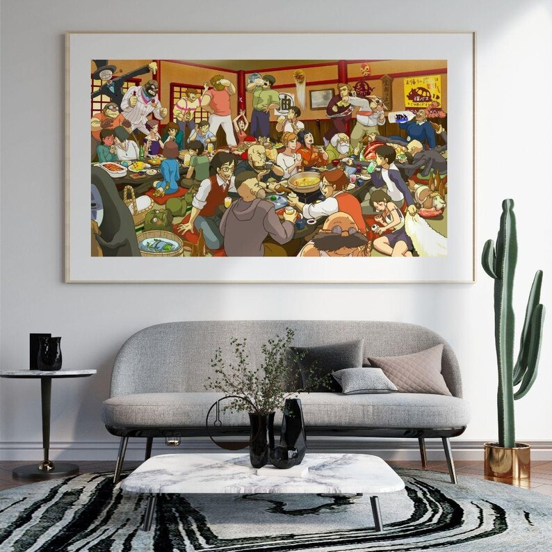 May include: A framed print of a colorful anime scene depicting a lively restaurant interior. The artwork features numerous characters gathered around tables, engaged in various activities. The overall color palette is warm, with a focus on reds, oranges, and yellows.