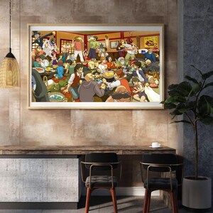 May include: A framed print depicting a lively anime scene of a crowded restaurant. The artwork features numerous characters engaged in various activities, with a warm color palette and detailed illustrations. The print is displayed above a wooden desk with two chairs.