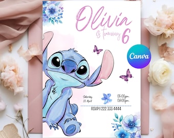 Bearbeitbare Stitch-Geburtstagseinladung, Party-Vorlage 13 x 18 cm (Digitaler Download)
