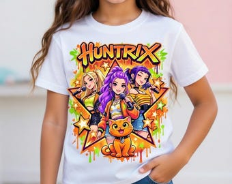 Kpop Neon Sternen Mädchen PNG | Kawaii Anime Fan Art Sublimation | Huntrix T-Shirt Design Clipart