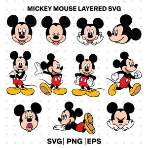 May include: A digital graphic collection titled MICKEY MOUSE LAYERED SVG featuring eleven distinct illustrations of the character Mickey Mouse in various poses and expressions, rendered in black, white, red, yellow, and peach colors with SVG, PNG, EPS text.